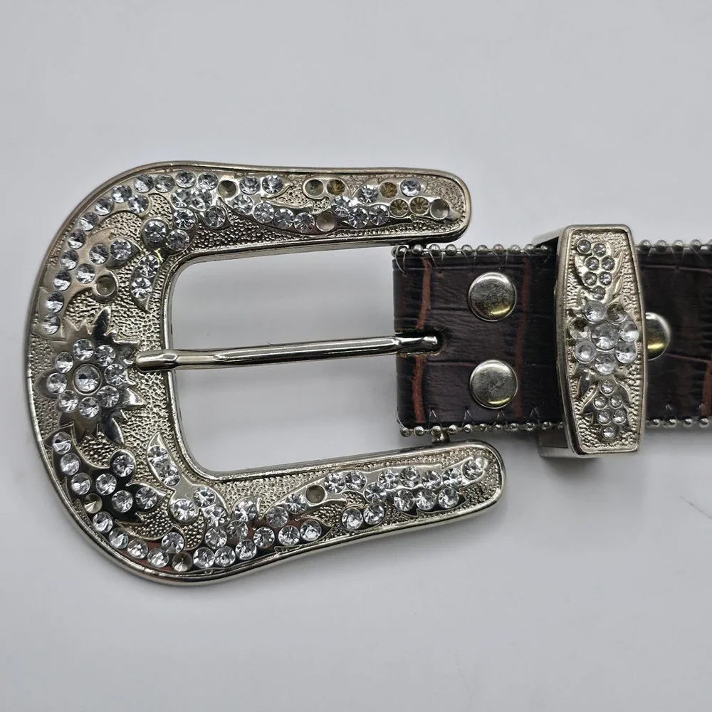 Unbranded Western Belt Womens XL‎ Brown Rhinestone Bling Croc Embossed Cowgirl
